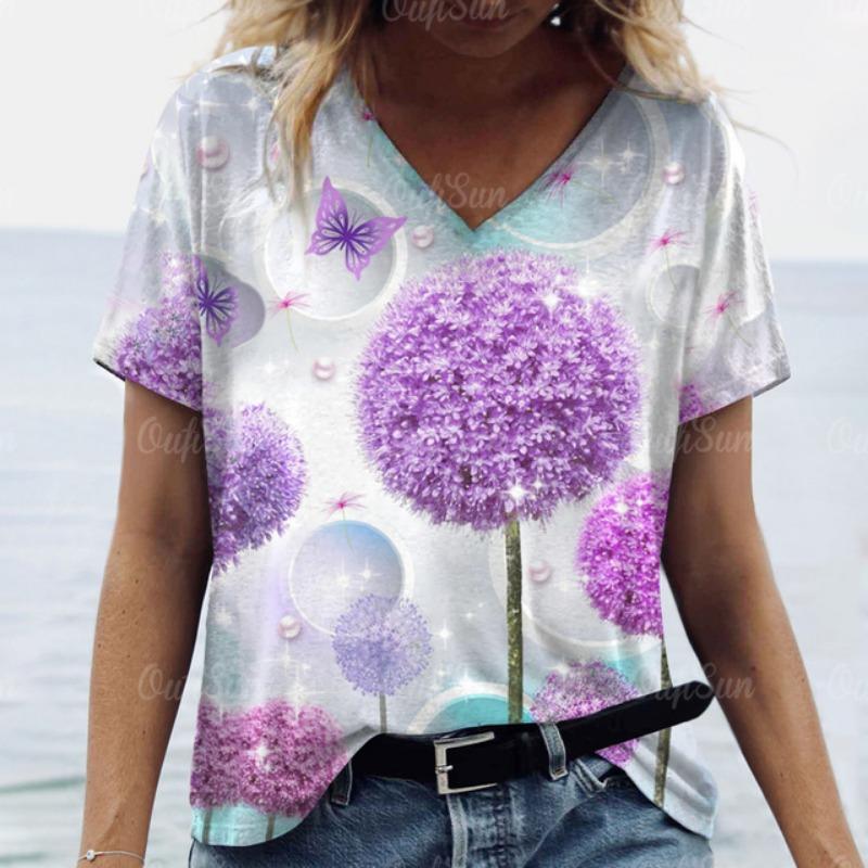 Women Short Sleeves V-Neck T-Shirt Oversized Beautiful Clothing Loose T Shirt Clothing Woman Flowers Print Top Pullover Outdoor