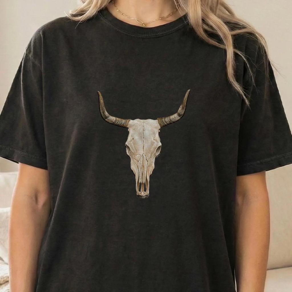 Cow Skull T Shirt Western Gothic Longhorn Ranch Life Vintage Washed Casual Comfortable Designer Clothes Breathable Streetwear