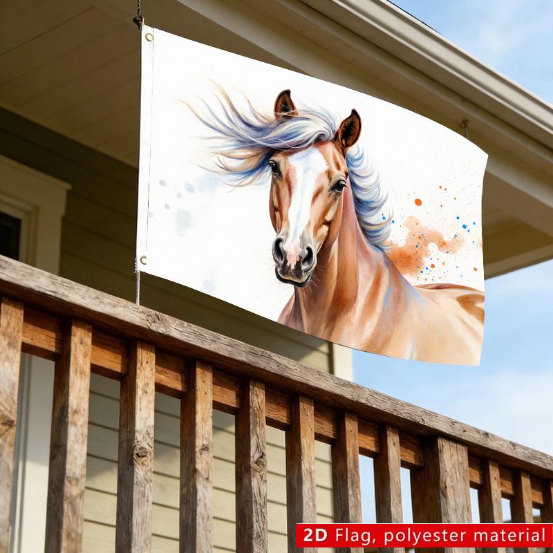 1pc 90X150Cm 3X5 Feet Double-Sided National Flag Vibrant Watercolor Horse Head Illustration Tan Coat White Blaze Flowing Blue Purple Mane Fantasy Art