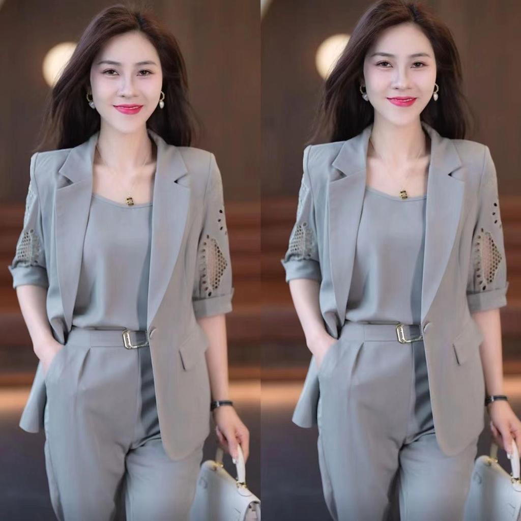 2025 Summer High-End Fashion Suit: Elegant Slim Short Sleeve Harem Pants Three-Piece Set
