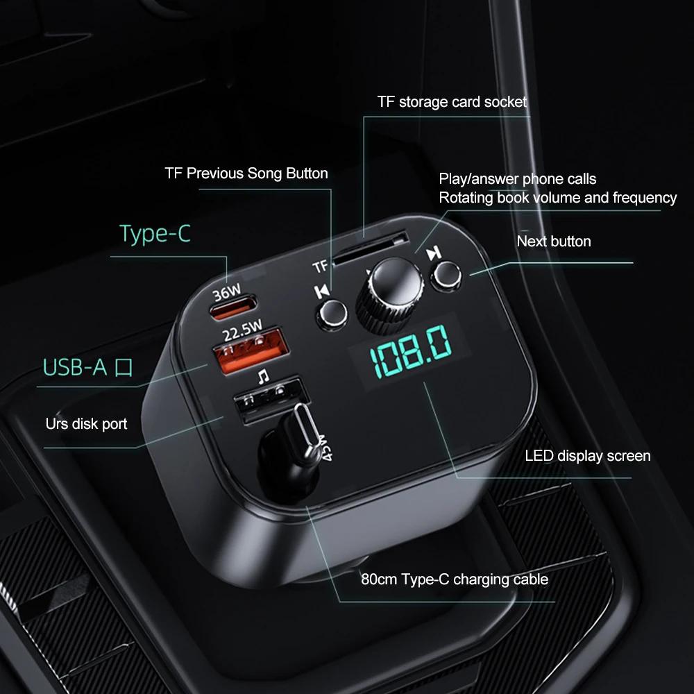 Car Bluetooth 5.0 FM Transmitter PD TypeC with Retractable Cable Fast Charger Handsfree Car Kit Mp3 Player Car Cigarette Lighter