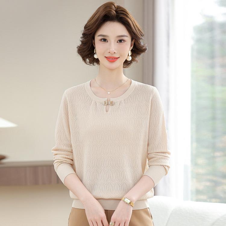 

Middle-aged and Elderly Women s Spring and Autumn Bottoming Shirt Knitting New Clothes Middle-aged Mother Spring Long Sleeve Loose Round Neck 3XL