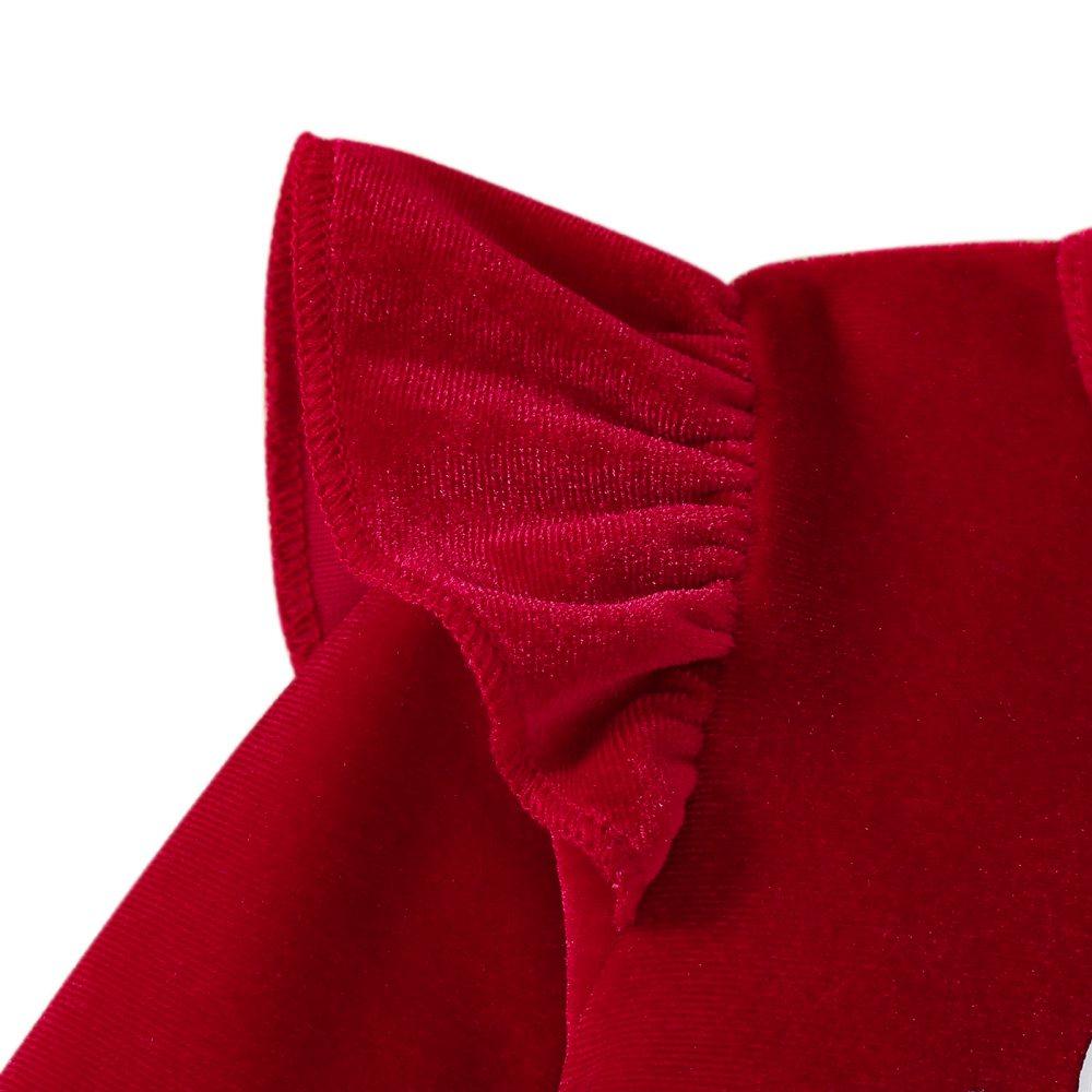 Baby Girl's First Christmas Outfit - Velvet Romper With Ruffle Sleeves & Bell Bottom Pants