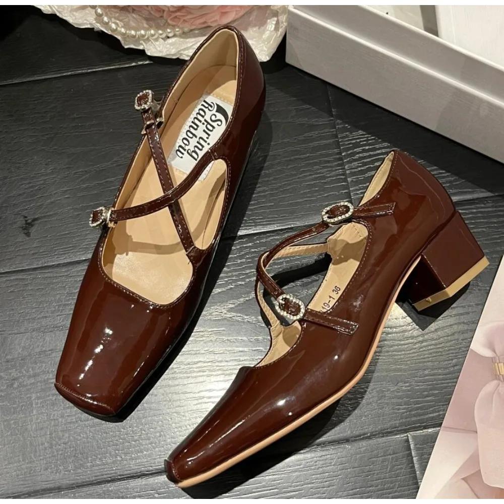 Square Heels Mary Janes Square Toe Med Heels Flats Spring/Autumn Solid Color Women's Shoes Buckle Strap Fashion Ladies Shoes