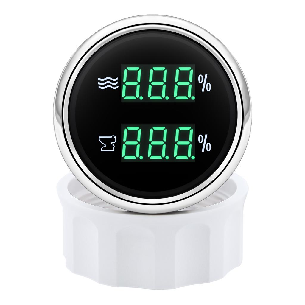Digitales Doppelmessgerät 52mm Anzeige Wasserstandsanzeige+Abwasserstandsanzeige 0-190 Ohm mit Alarm HTG für Auto Boot Yacht 12V24V Grün