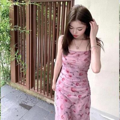 Pink Floral Suspender Dress Women's Summer Slim-fitting Sleeveless Long Dress