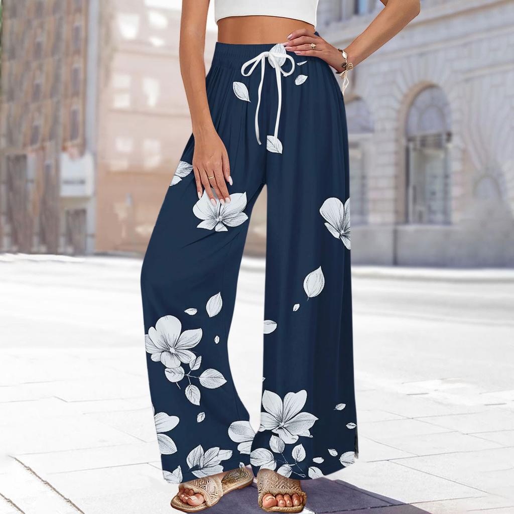 Women's Printed Wide Leg Pants With Pockets High Waist Drawstring Loose Casual Pants