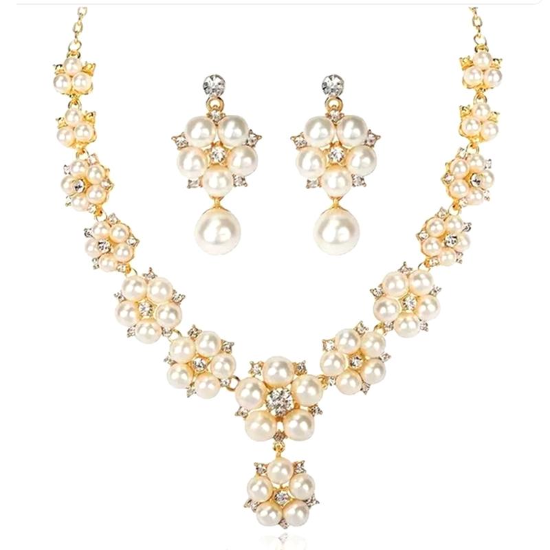 1 Set Bride Necklace Earrings Set Faux Pearl Flower  Luxury Women Girl Necklace Dangle Earrings Wedding Jewelry Gift