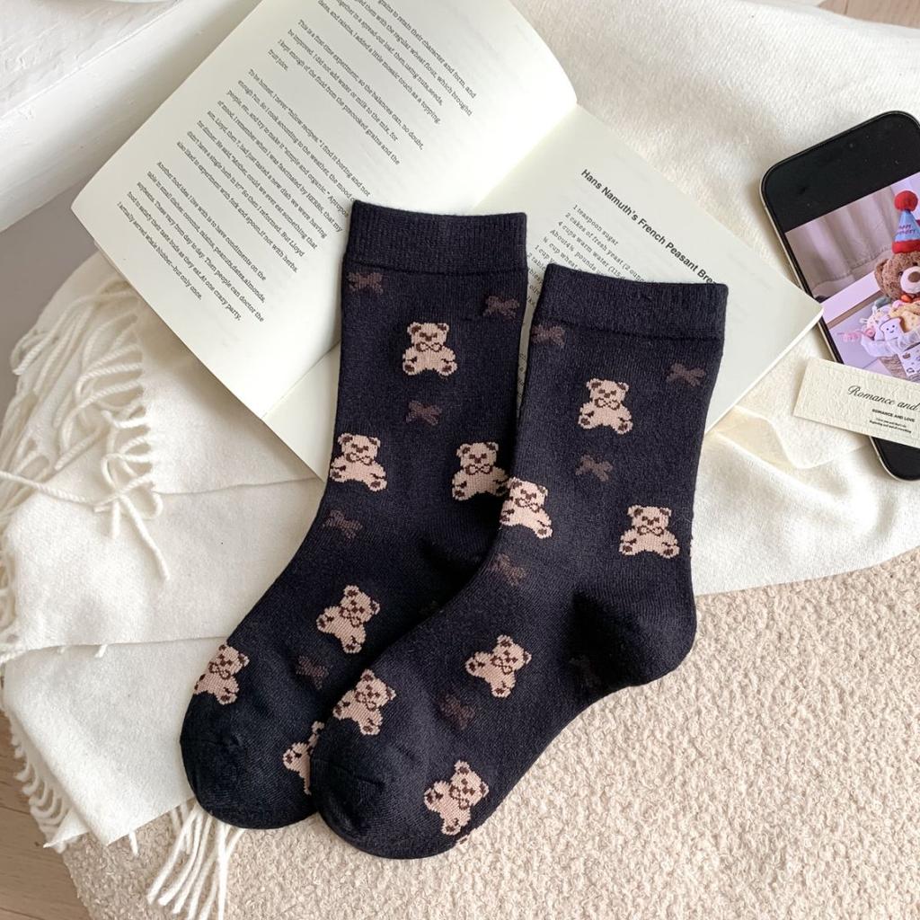 Women's Warm and Adorable Mid-length Socks for Autumn and Winter. Winter Woolen Teddy Bear Women's Socks. Casual Non-stretch Socks.