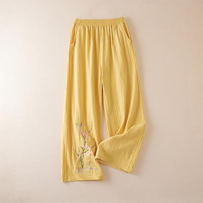 Pantaloni Estivi in Cotone e Lino Stile Cinese Taglia Grande Etnico Ricamati Casual Retro Gamba Larga Larghi da Donna