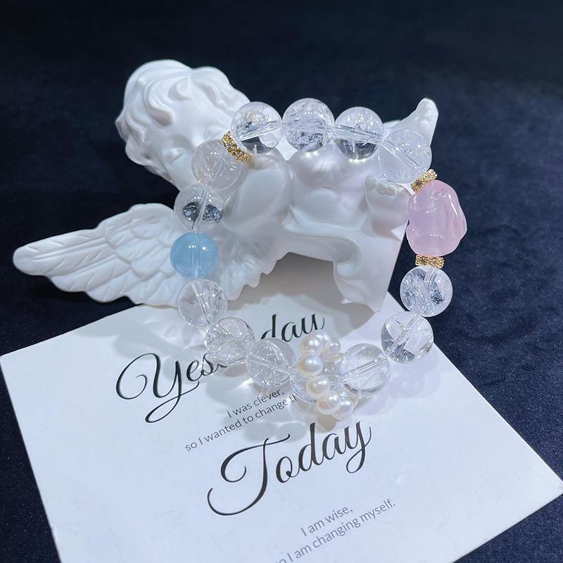 Qiaoen Aquamarine & Rose Quartz White Aze Large Bead Women's Bracelet