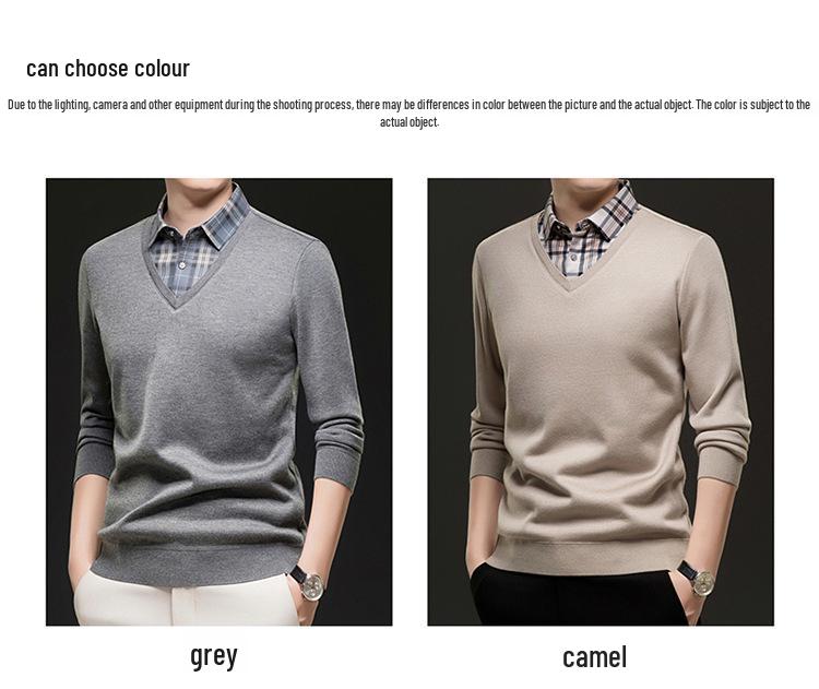 Men's Autumn/Winter Fake Two-Piece Knit Sweater with Velvet Warm Shirt Collar