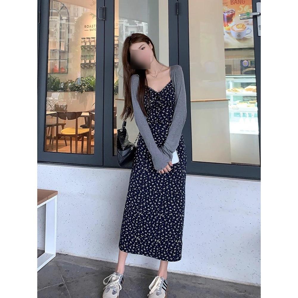 Tall dress extra-long version girls' casual giant slimming elongated temperament floral suspender long skirt