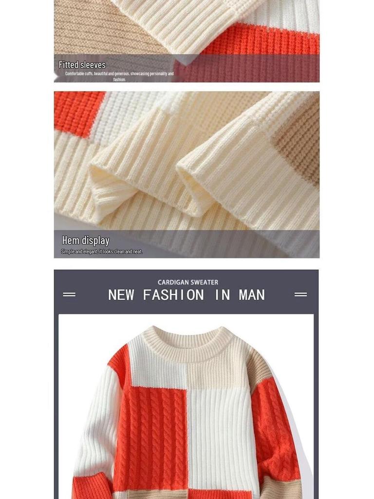 Men's Round Neck Color Block Sweater - Autumn/Winter Knitwear for Students and Teens