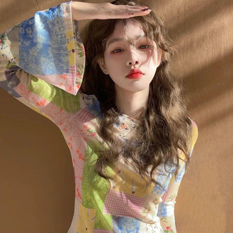 Flared-Sleeve Mesh Summer Thin Long-Sleeve Sun-Protection Printed Design Korean-Style Slim-Fit Trendy Cover-Up for Women