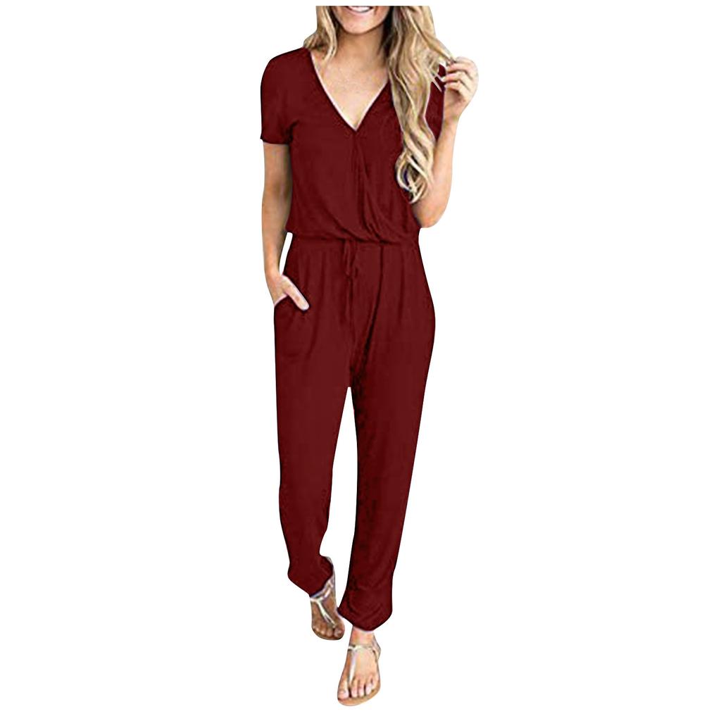 Women’s Sexy Deep V-Neck Short Sleeve Wrap Drawstring Waist Jumpsuit Romper With Pockets