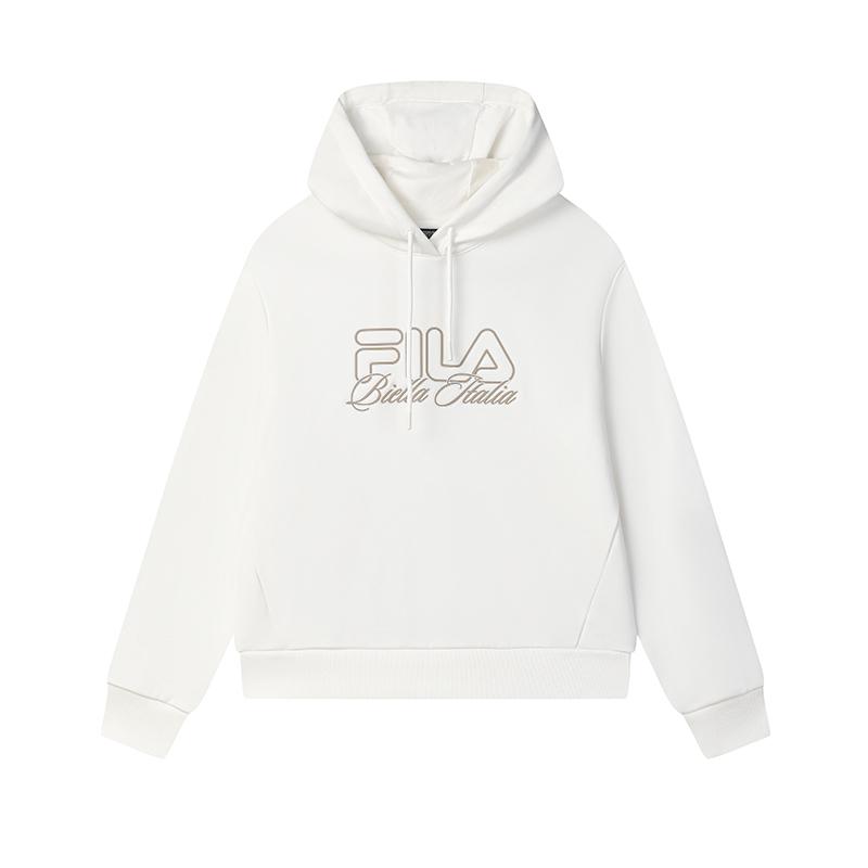 Fila Classic Versatile Fleece Hooded Sweatshirt Women Tops Cloud-Mushroom-White F11W519218FWT