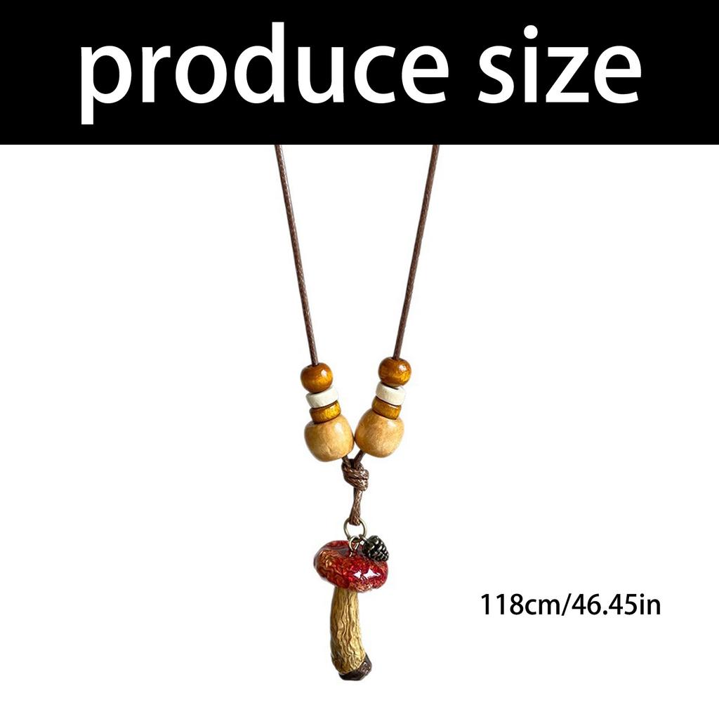 Fashionable Adjustable Necklace for Women Wood Bead Mushroom Pendant Rope Neckchain Bohemian Accessory