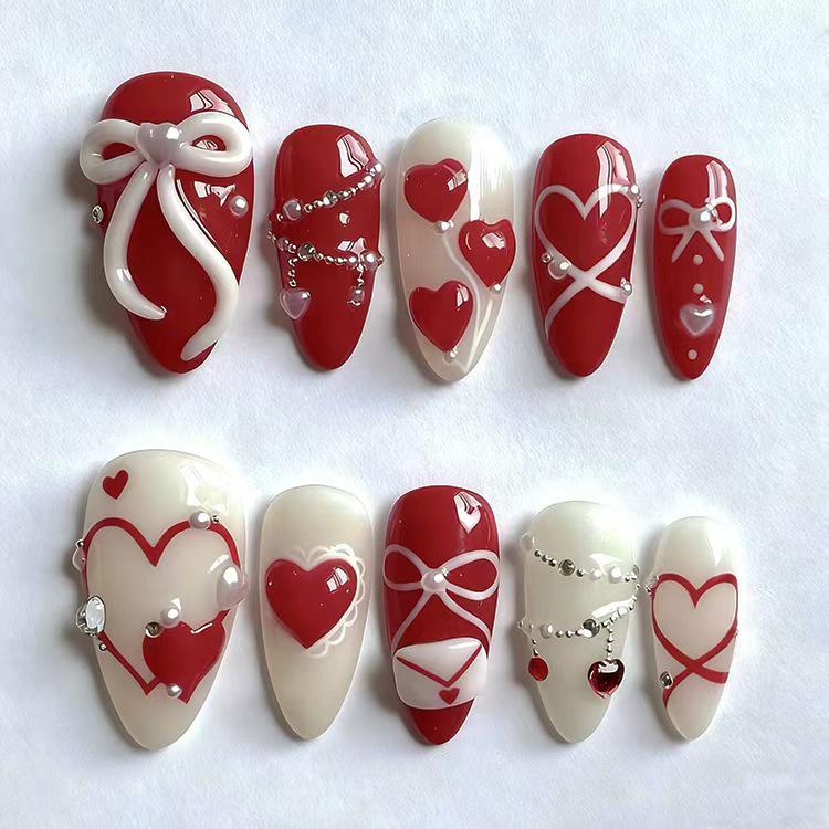 3D Valentine s Almond Rhinestone Pearl Heart Bow Wearable Nails