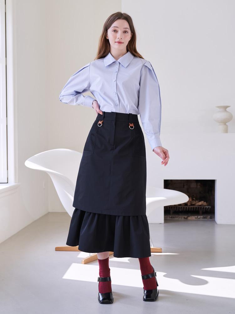 L By L Cone Black Frill Mesh Long Skirt