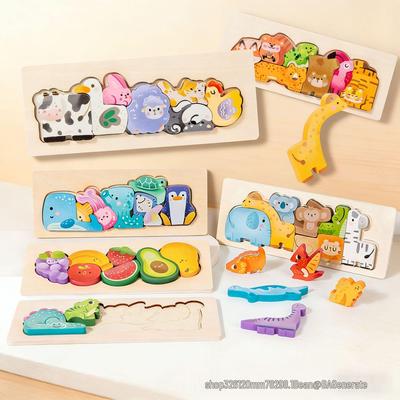 Hölzerne 3D-Tier- und Obst-Puzzles für Kleinkinder, Baby Lern- und Kognitionsspielzeug