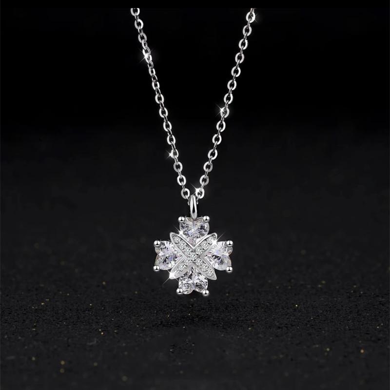 White Gold Heart & Four-Leaf Clover Necklace - Elegant Pendant Gift for Girlfriend