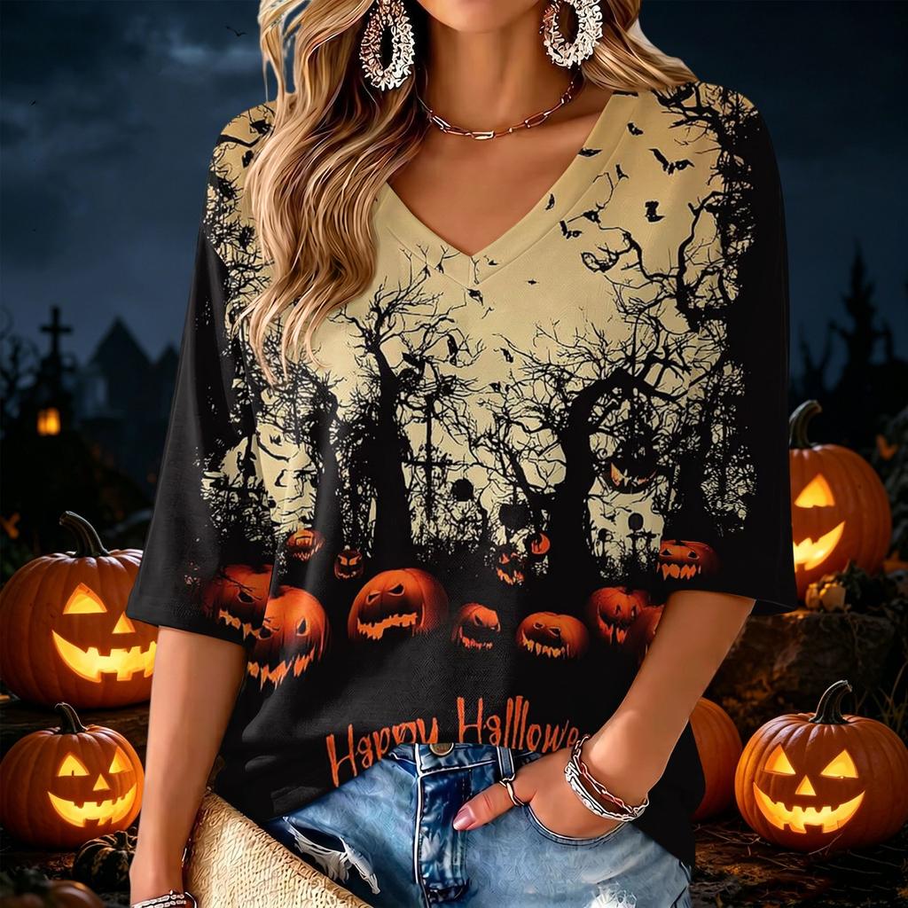 Women's V-Neck Halloween Print Lightweight Blouse for Spring and Summer