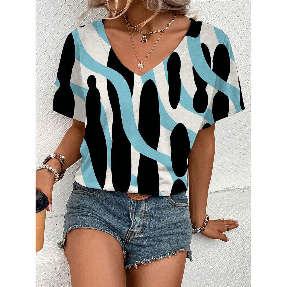 Fashionable And Simple  Summer Oversized Comfortable T-shirt Design Inspired Geometric Pattern Printed Women's V-neck Top