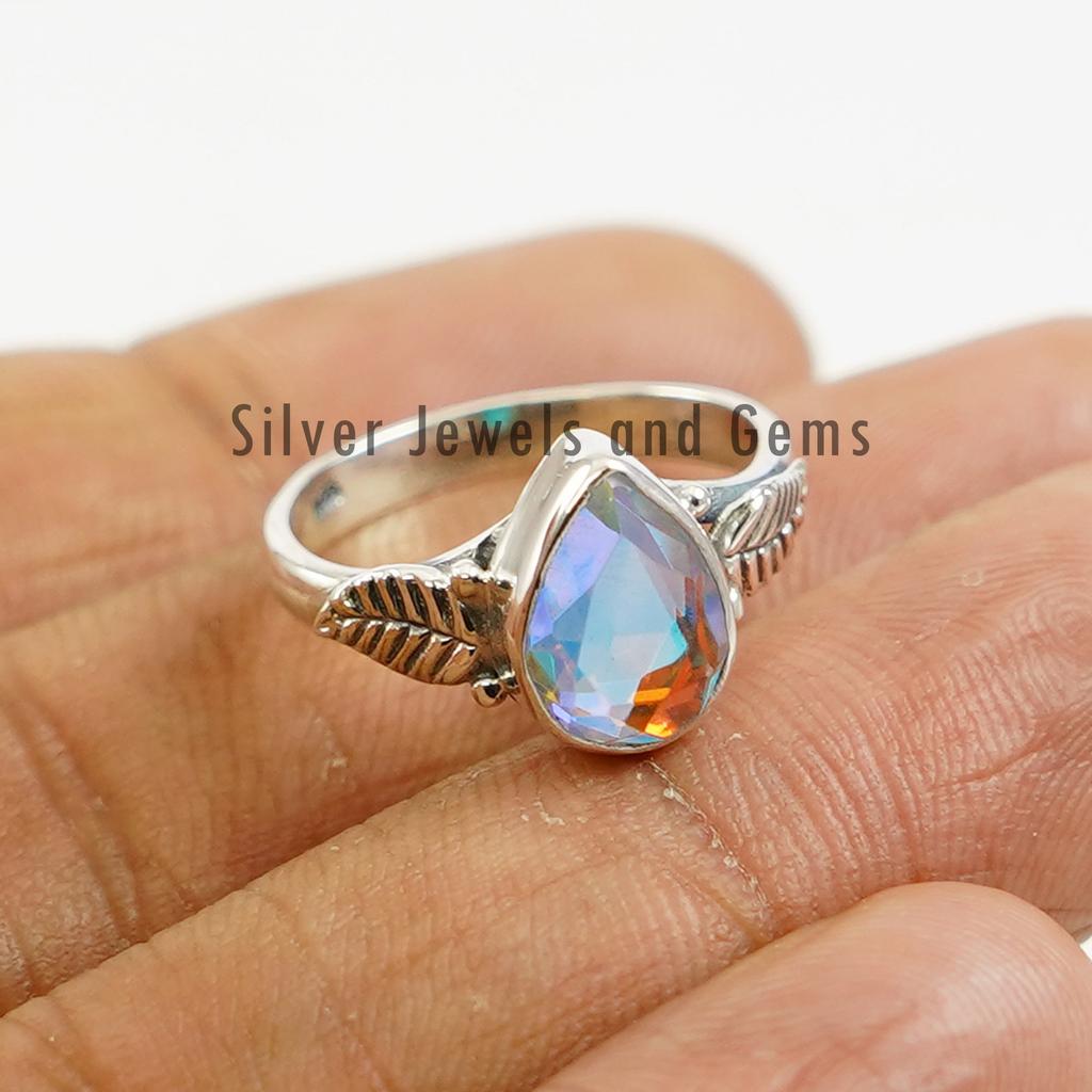 Teardrop Angel Aura Quartz Ring, 925 Sterling Silver Leaf Design