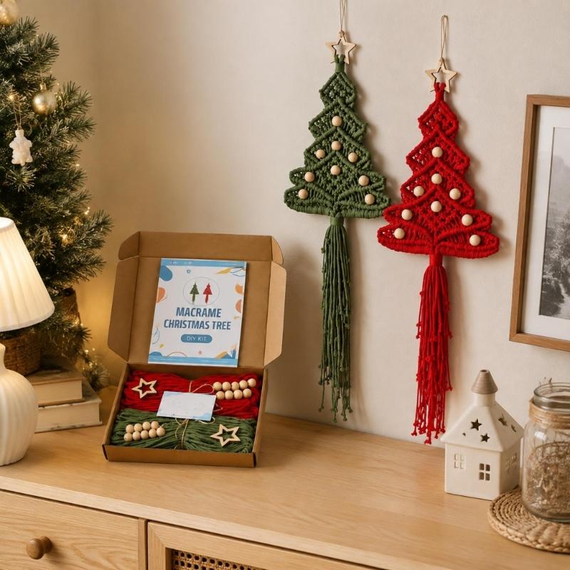 Holiday Tree Fiber Craft Set for 2 Hanging Projects with Soft Cotton Cord, Wooden Star Toppers, Beads and Dowels