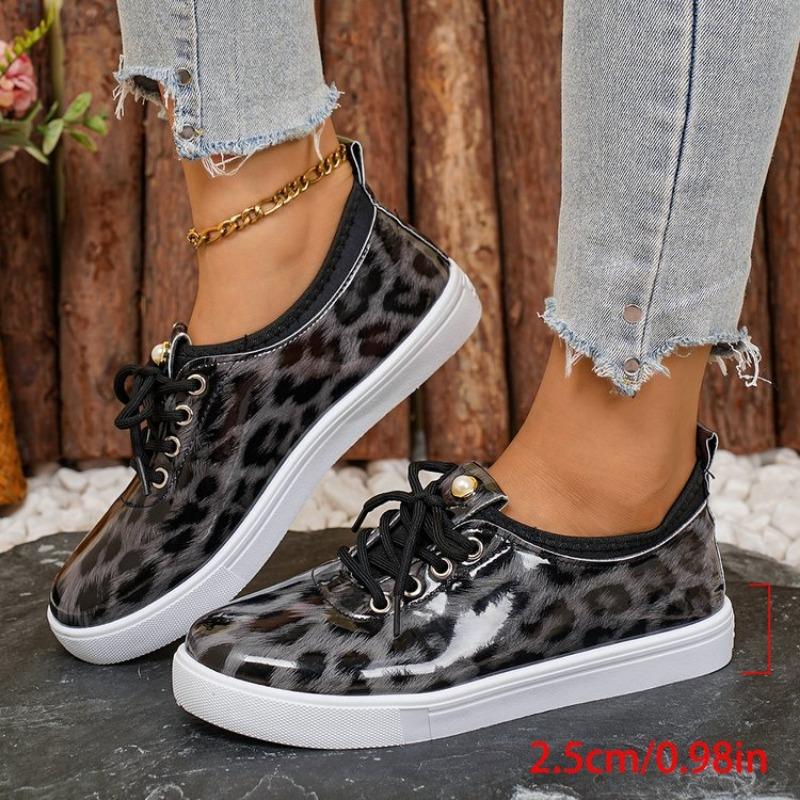 Women's Low Top Leopard Design Casual Sneakers Spring Autumn New Style Lace-up Flat Shoes Ladies Comfortable Footwear