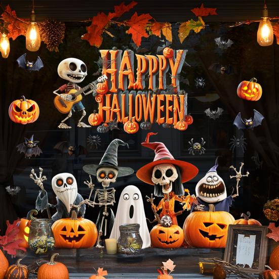 Halloween Fensteraufkleber Wasserdichtes PVC Gitarre Skelett Geist Kürbis Spinne Fledermaus Statischer Glasaufkleber Feiertagsparty Dekoration Aufkleber