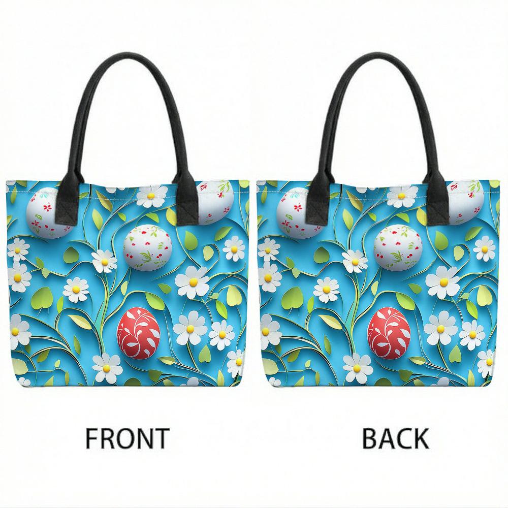 Easter Tote Bag Spring Floral Egg Pattern Casual Portable Handbag for Daily Shopping Travel