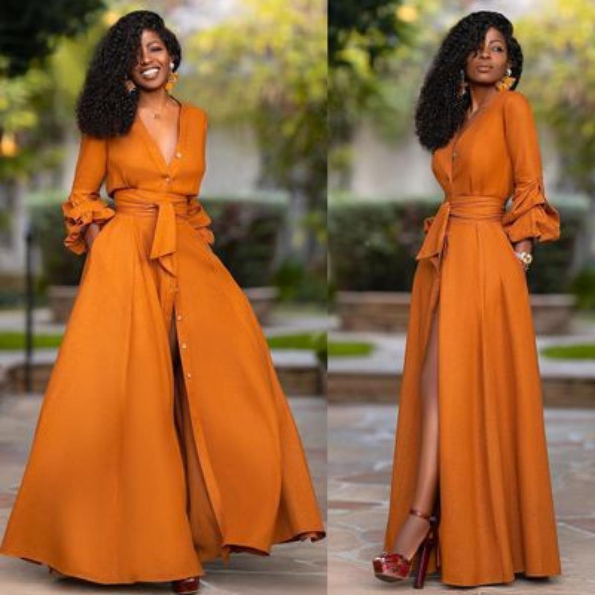 Autumn Winter Women s Deep V Long Sleeve Solid Color Waist Cinched Long Cardigan Dress, Sexy Casual Party Dress S оранжевый