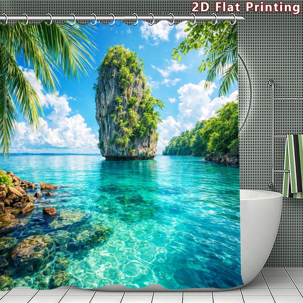 4Pcs Tropical Island Shower Curtain Set with Non-Slip Bath Mat, Toilet Lid Cover, Contour Rug & 12 Hooks, Bathroom Decor
