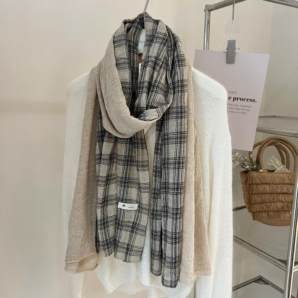 New British Women Scarf Versatile Linen Plaid Cotton And Linen Scarves Thin Long Shawl Autumn And Winter Vintage Scarf 80*190Cm