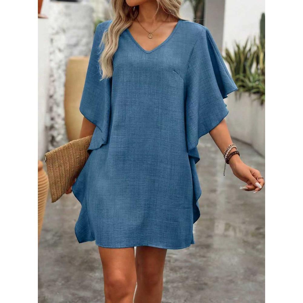 Summer Solid-color Loose Ruffled Flowing V-neck Dress