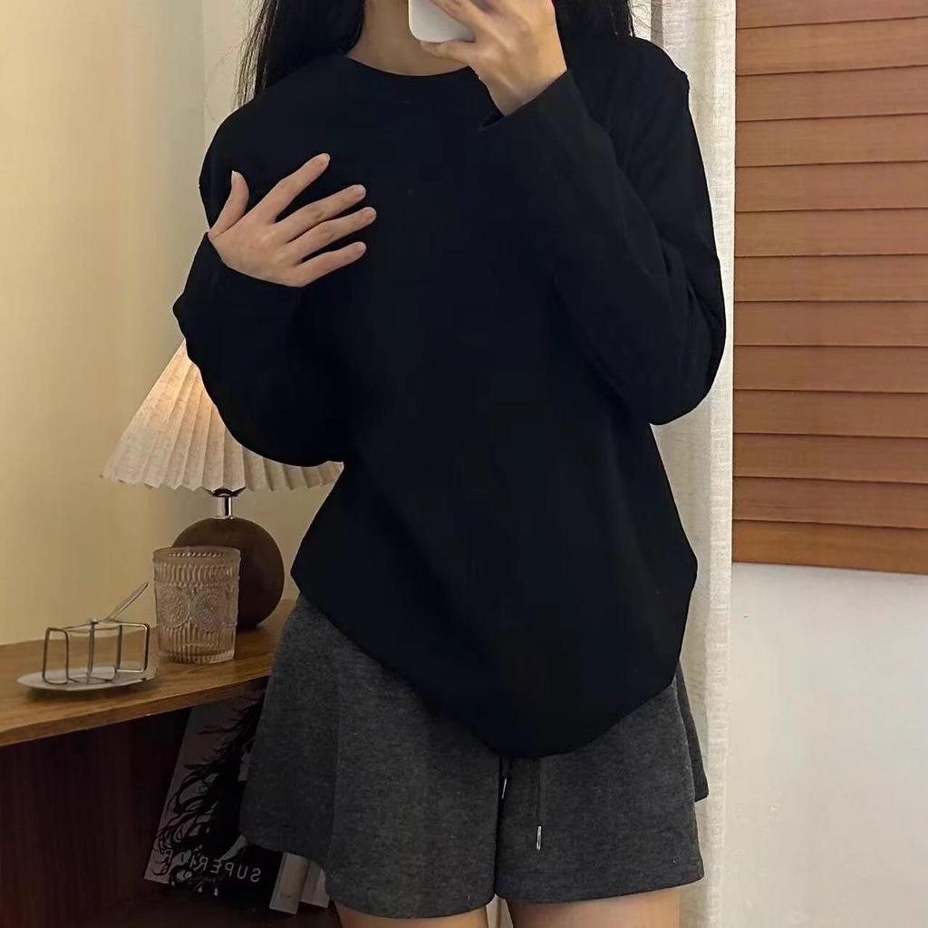 Women's Pure Cotton Long-Sleeve T-Shirt, Solid Color, Loose Fit, Ideal for Spring/Autumn; Casual, Versatile Base Layer.