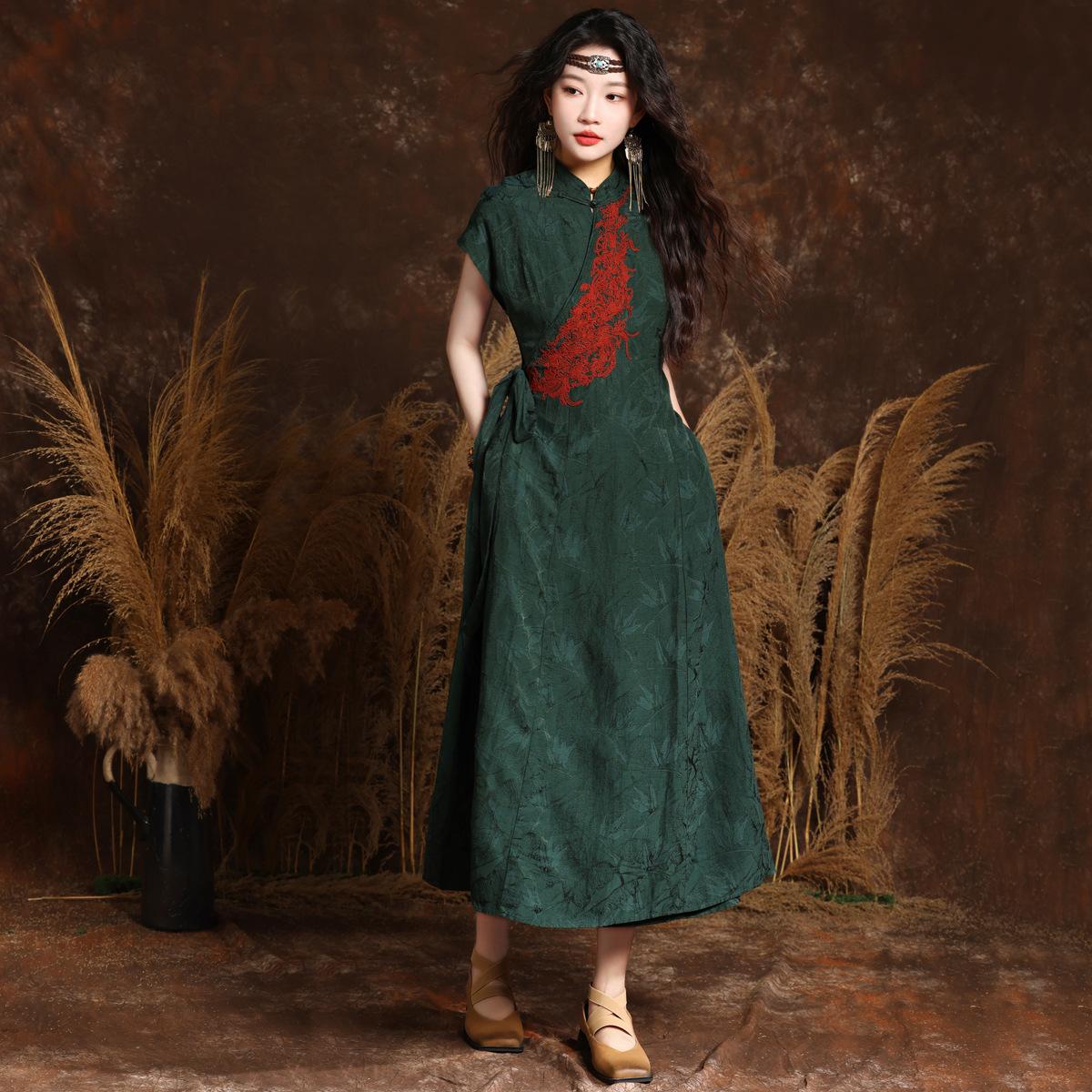 

Johnature винтажное свободное платье с воротником, летнее женское платье с контрастным льняным принтом в китайском стиле, платье с короткими рукавами L зелёный