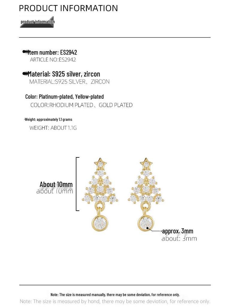 Boucles d'oreilles puces de luxe Arbre de Noël et Étoile en Argent Sterling S925 - Cadeau Exquis Style Mori pour Femmes