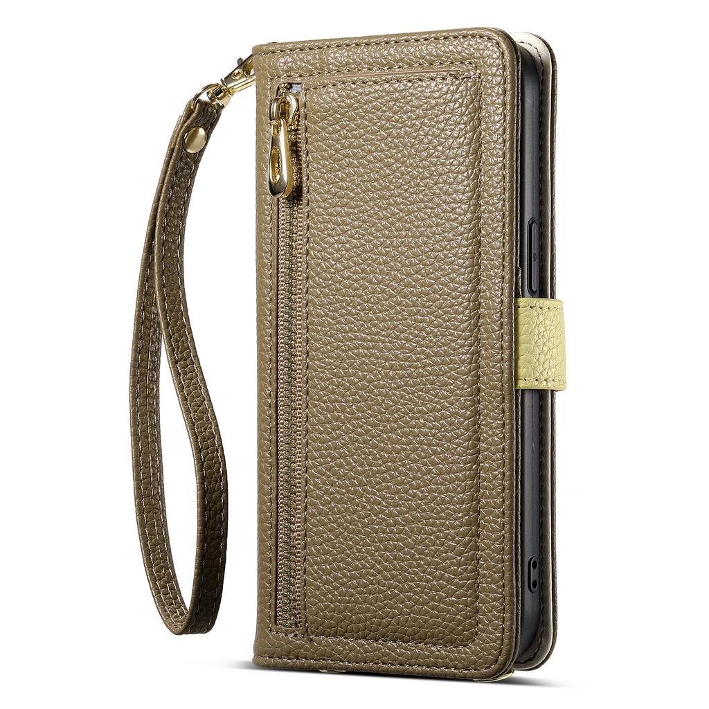 ESEBLE E11 For Samsung Galaxy S23 Ultra Case Zipper Pocket Litchi Texture Leather Phone Cover with Mirror and Wrist Strap