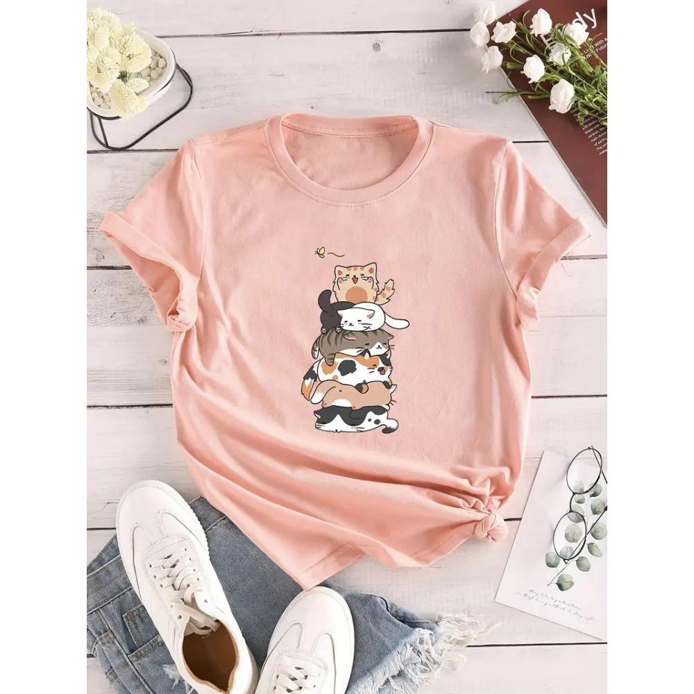 

Cat Print Crew Neck T-Shirt Casual Short Sleeve T-Shirt For Spring Summer Women s Clothing S