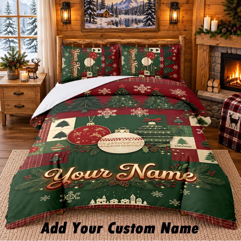 Christmas Custom Name Pattern Bedding 3Pcs Set Bed Sheet Pillowcases Indoor Bedroom Holiday Gift