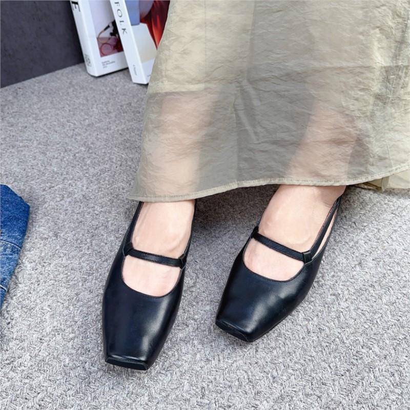 Johnature Echtes Leder Retro-Pumps mit niedrigem Absatz, Damenschuhe, quadratische Zehen, flache, bequeme Loafer-Schuhe