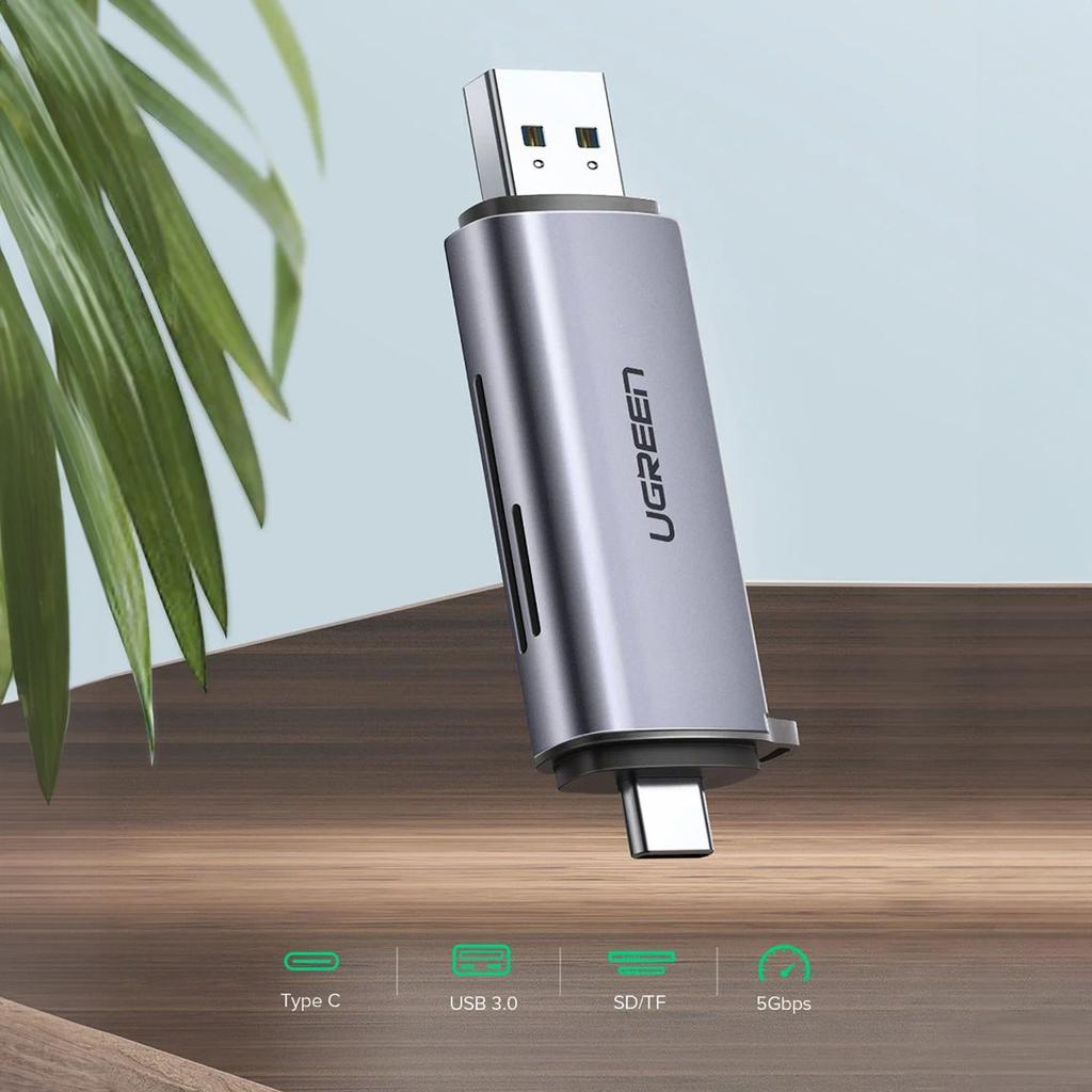 Ugreen CM185 Dual-Port USB-A/C 3.0 Card Reader for SD & microSD - Gray