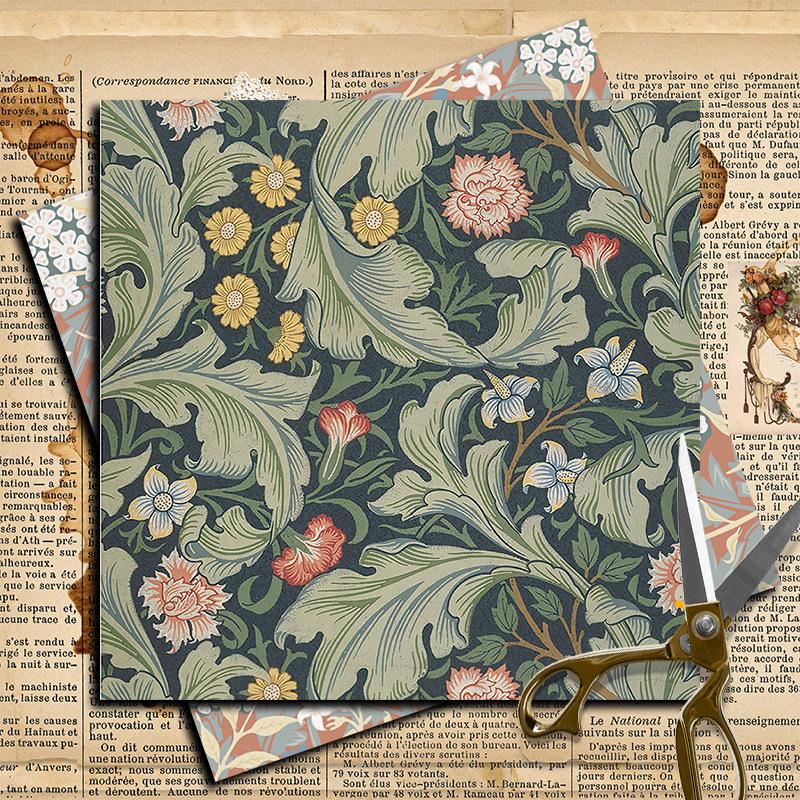 12 Sheets William Morris Patterned Paper with Double-sided Tape, Foldable Stickers, Gift Box Decoration, and Background Pattern