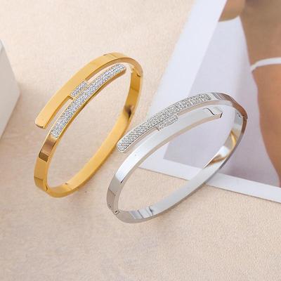 Asymmetrical Rhinestone Inlaid Titanium Steel Bracelet - European & American High-End Women's Jewelry