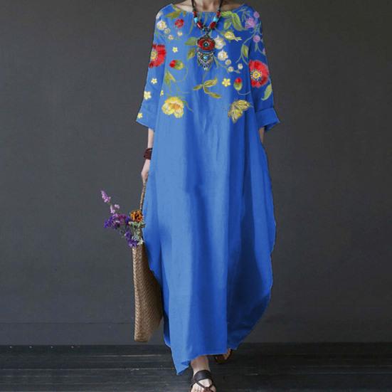 Women Long Dress Round Neck 45720 Sleeves Loose Floral Print Fashion Outfits