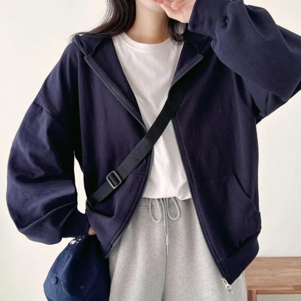 Women's Hooded Long Sleeve Zip Up Cardigan Oversized Fit Casual Top Solid Color Cropped Hoodie Jacket