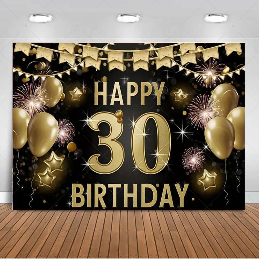 30th Birthday Party Decorations 30 Years Old Backdrop Supplies Black Gold Balloons Glitter Background Banner Photography Props